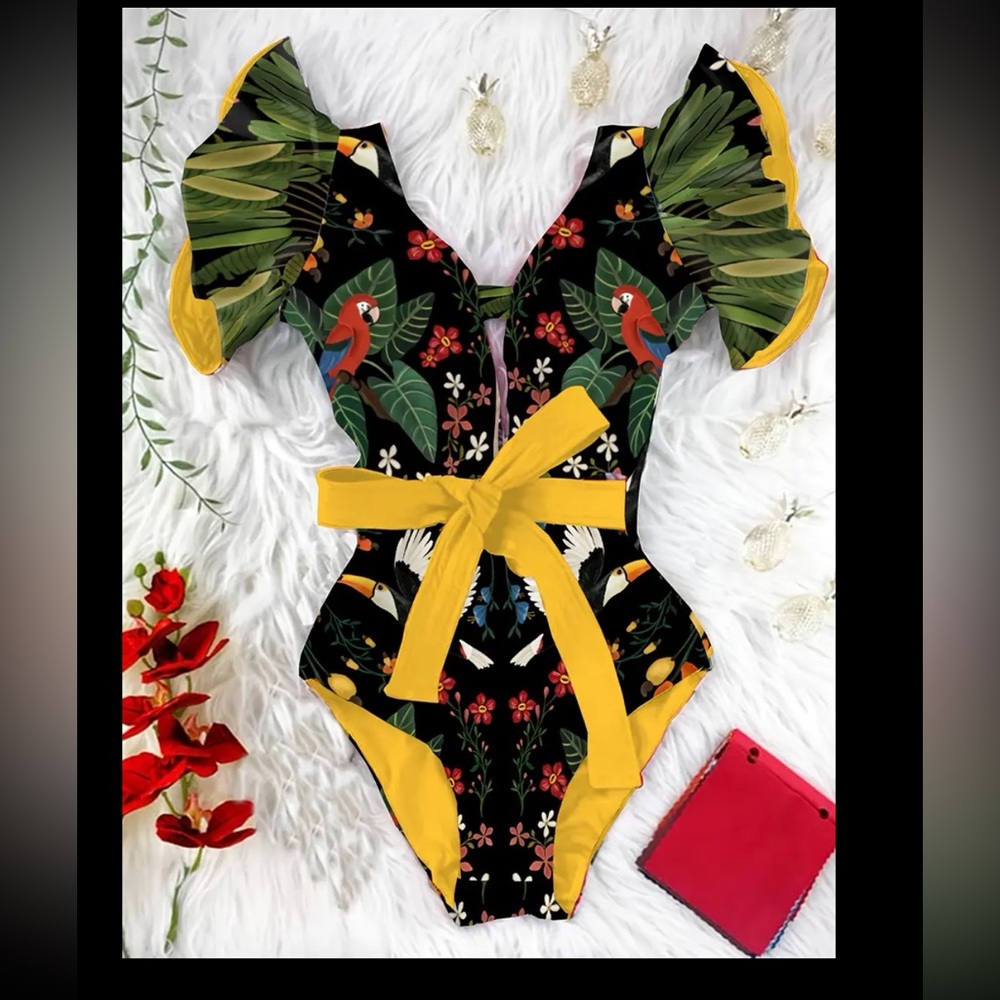 Sexy safari print one piece swimsuit high waist ruffle shoulder bikini